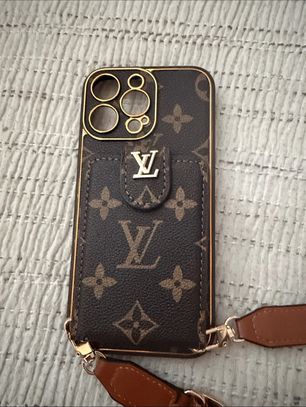 Monogram Brown Card Pocket Phone Case with Gold Accents